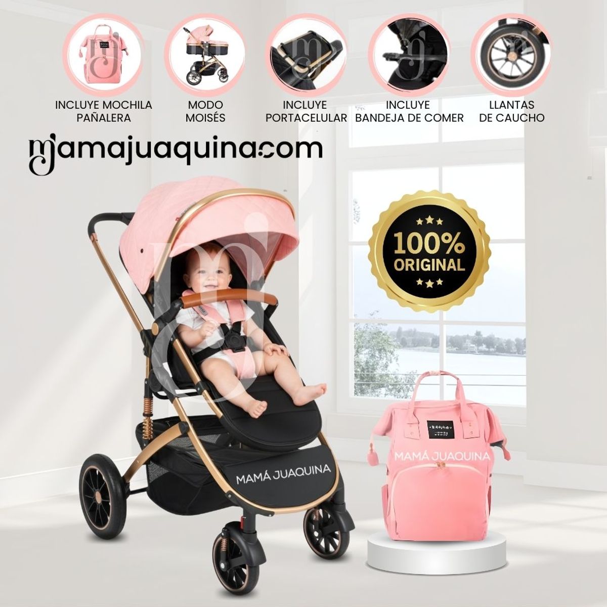 BABY - Coche Moisés Travel System de Lujo «ADAMS» con Mochila Pañalera Pink