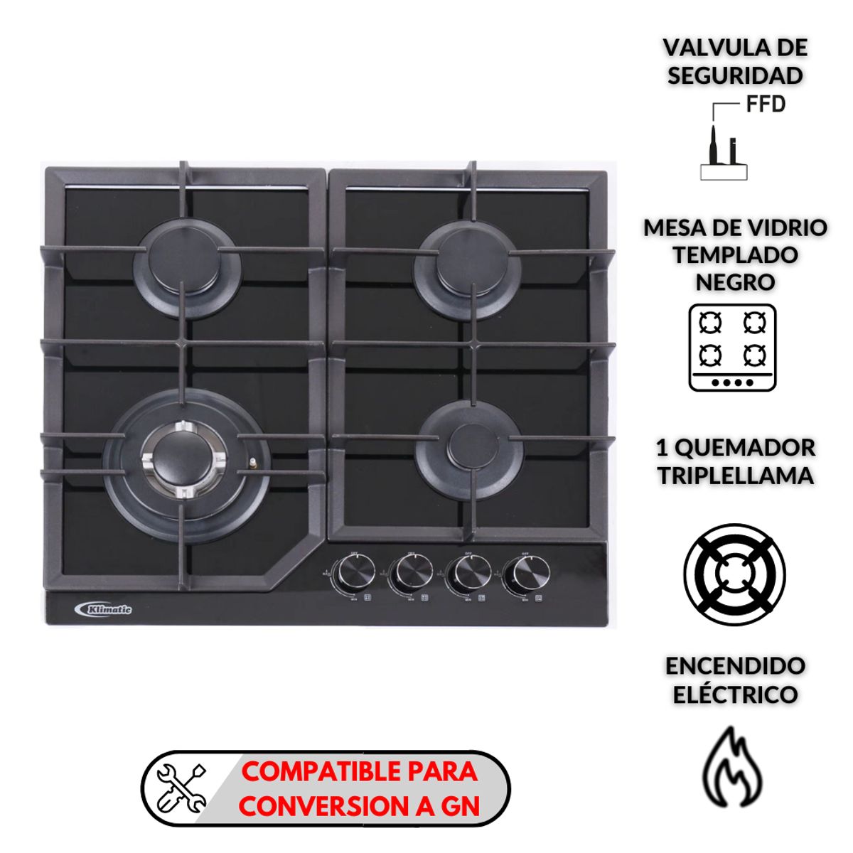 KLIMATIC - Cocina Empotrable a Gas 4 Hornillas Alessia