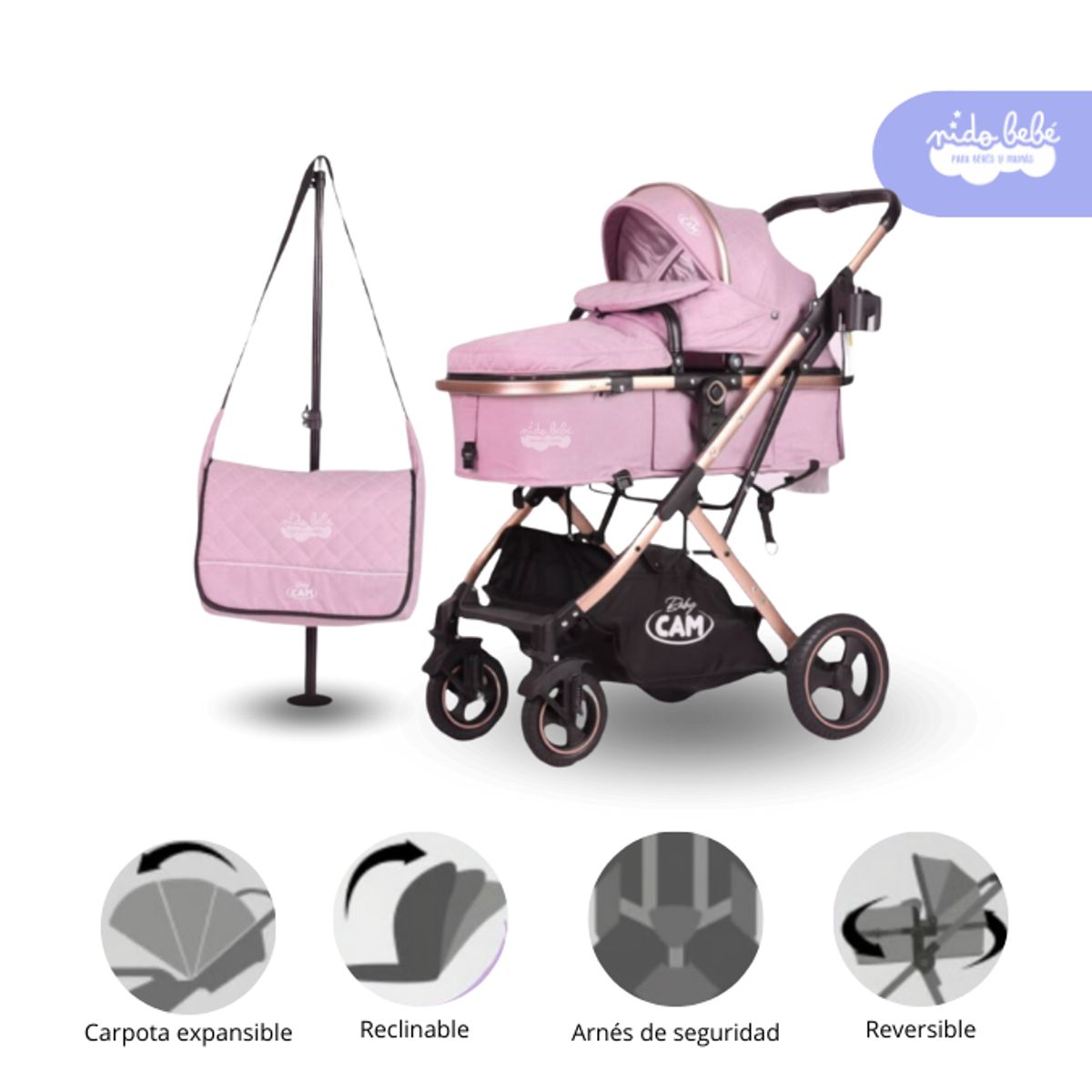 BABY - Coche Cuna Moisés modelo GALAXY color Rosado