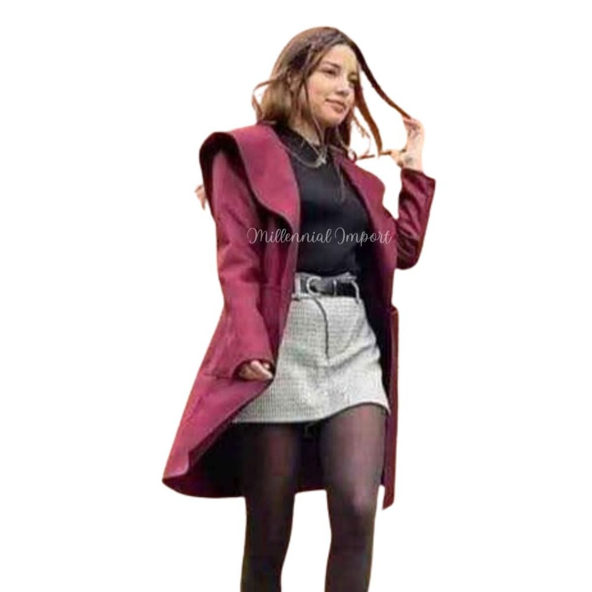 GENERICO - Capa Larga Saco con Capucha para Mujer color Vino en Paño Italiano