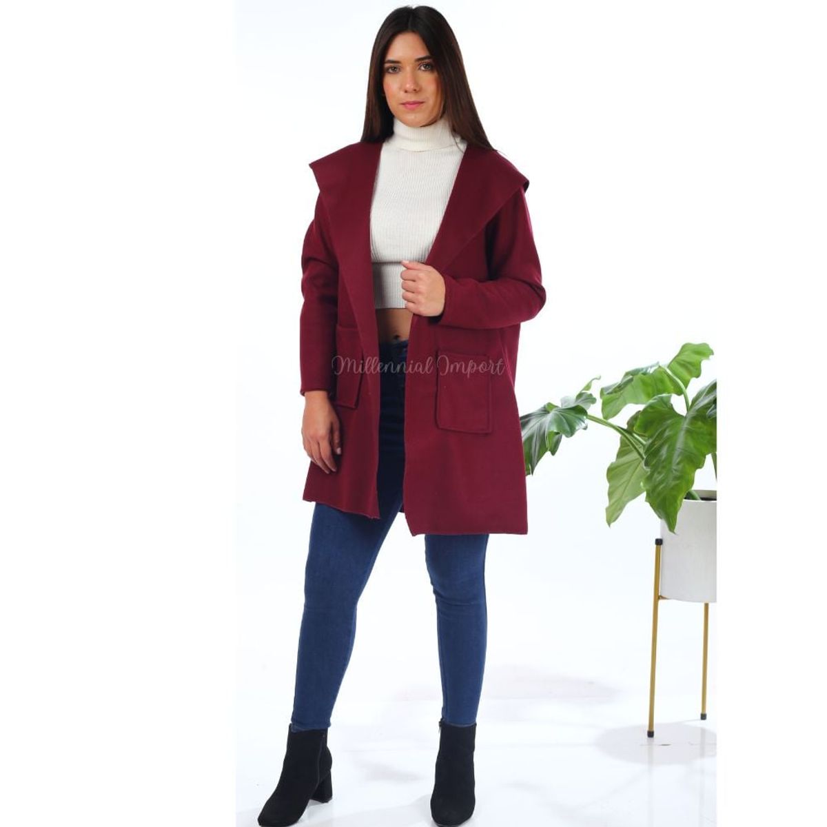 GENERICO - Capa Larga Saco con Capucha para Mujer color Vino en Paño Italiano
