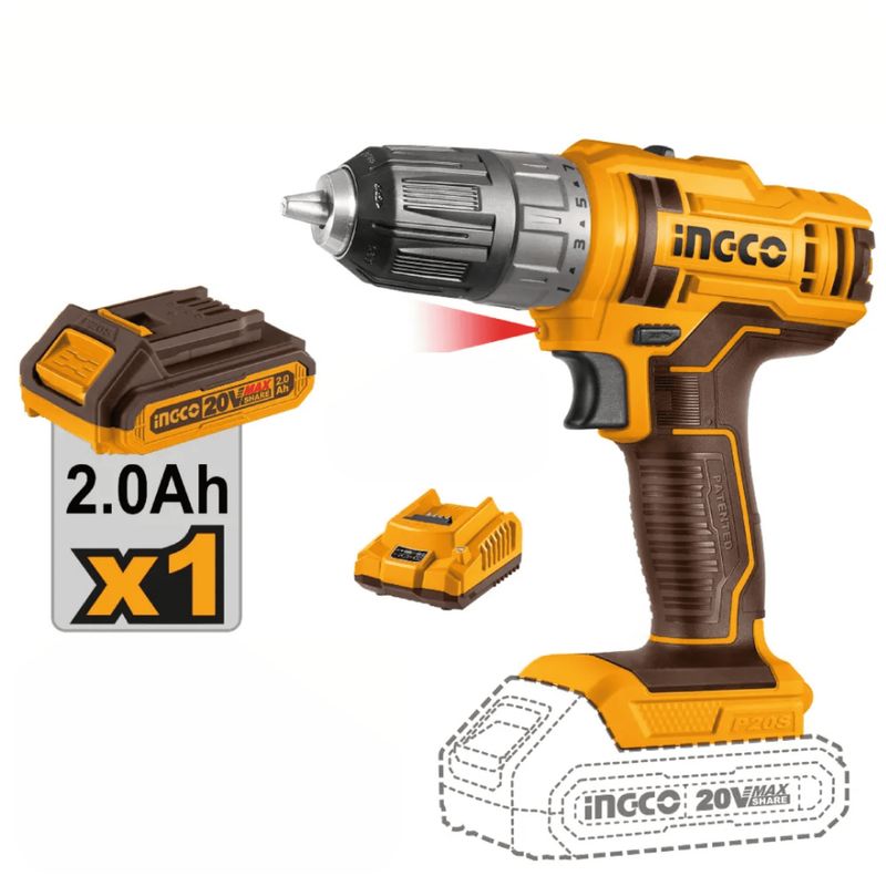 INGCO TOOLS - TALADRO ATORNILLADOR INALÁMBRICO INGCO 20V 20AH + BATERÍA + CARGADOR