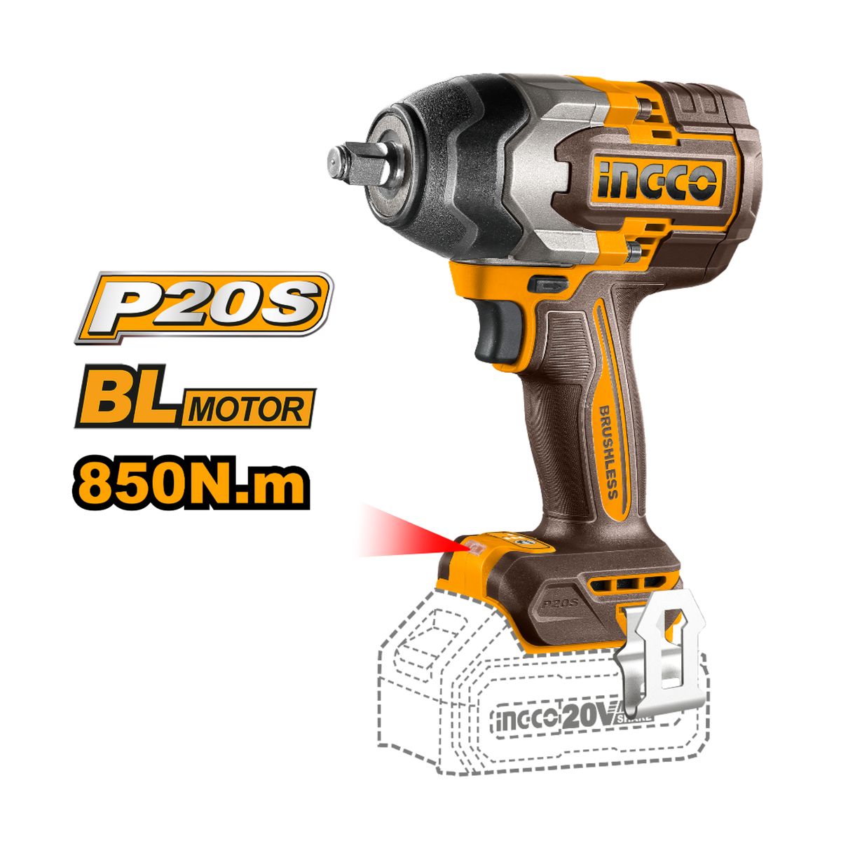 INGCO TOOLS - Llave de impacto 850nm + bateria 4ah y cargador Ingco