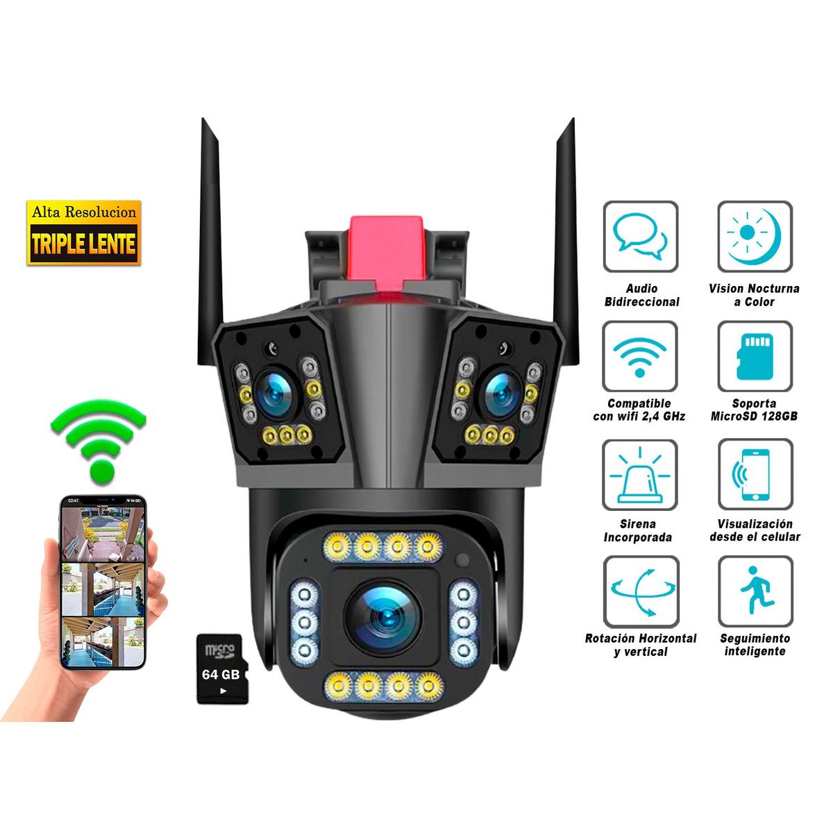 GENERICO - Cámara Seguridad Wifi Ptz Triple lente Alta Resolución 360°Sirena+64GB