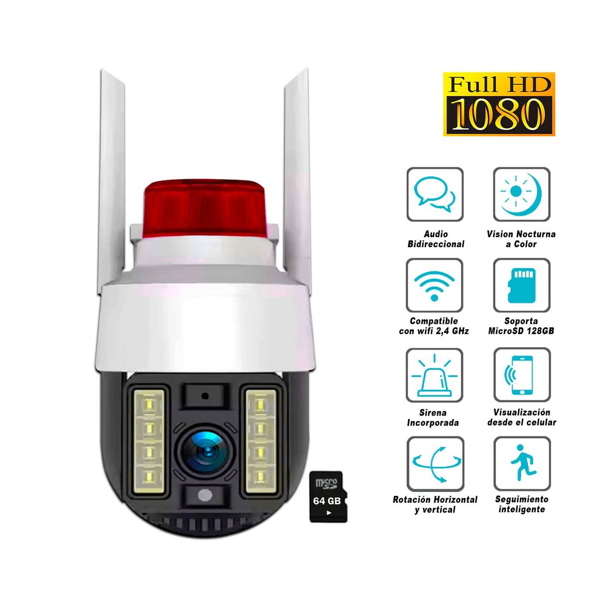 GENERICO - Cámara Seguridad Wifi PTZ Alta Resolución 360° Exterior Alarma +SD64GB