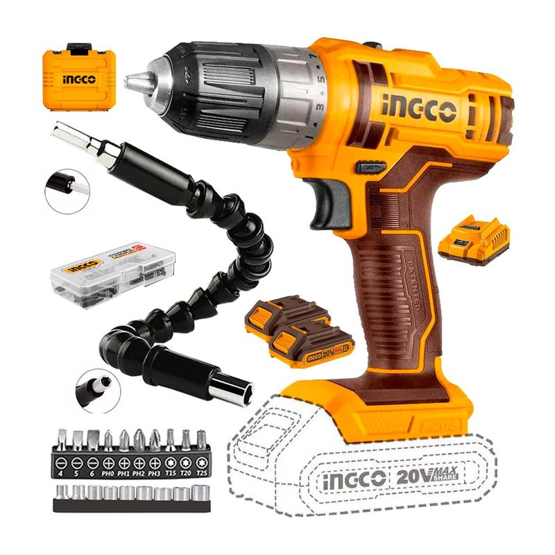 INGCO TOOLS - TALADRO ATORNILLADOR 20V INGCO CDLI200528 + 21 ACCESORIOS