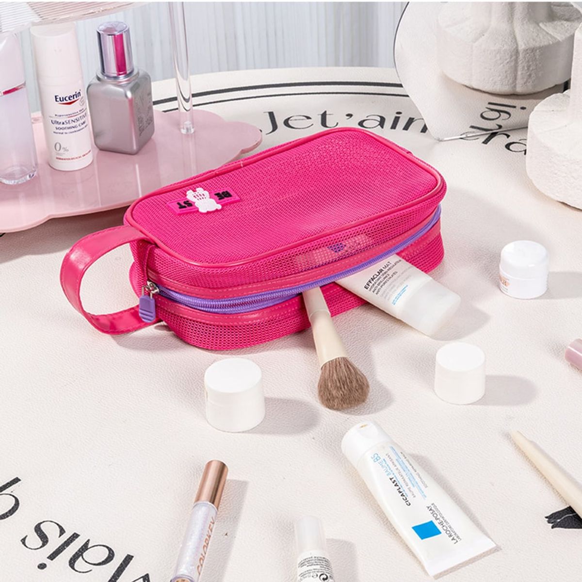 GENERICO - Neceser de Malla Bolsa Aseo Organizador de Viaje para Playa Naranja