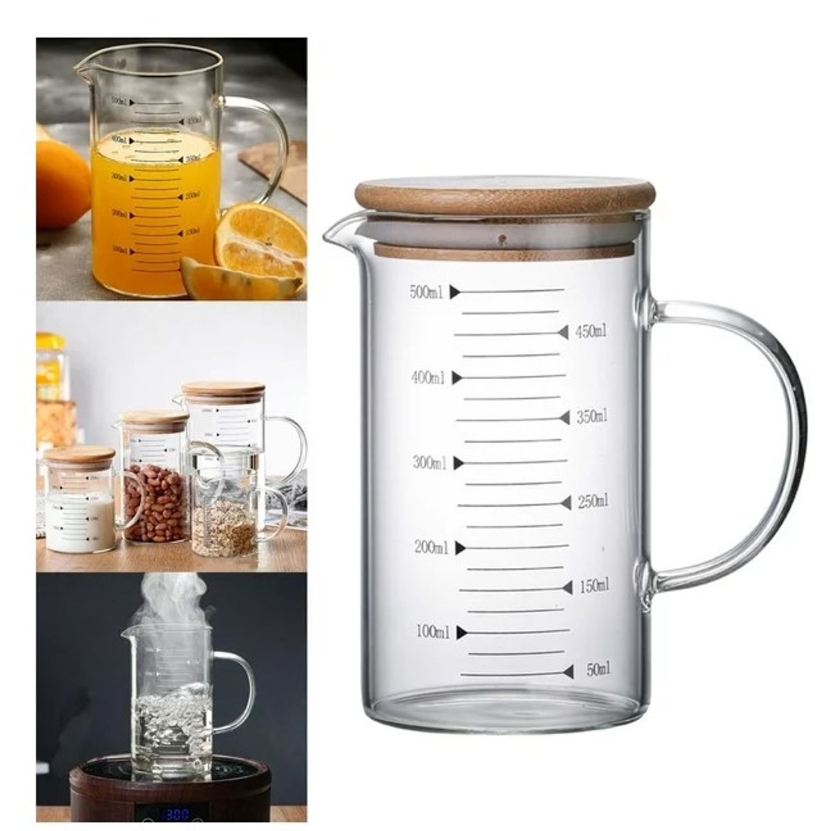 GENERICO - Jarra Medidora de Borosilicato Con Tapa de Bambú 500 ml