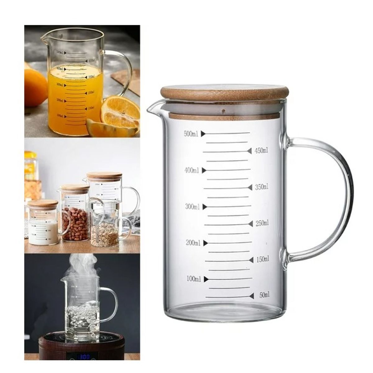 GENERICO - Jarra Medidora de Borosilicato Con Tapa de Bambú 500 ml