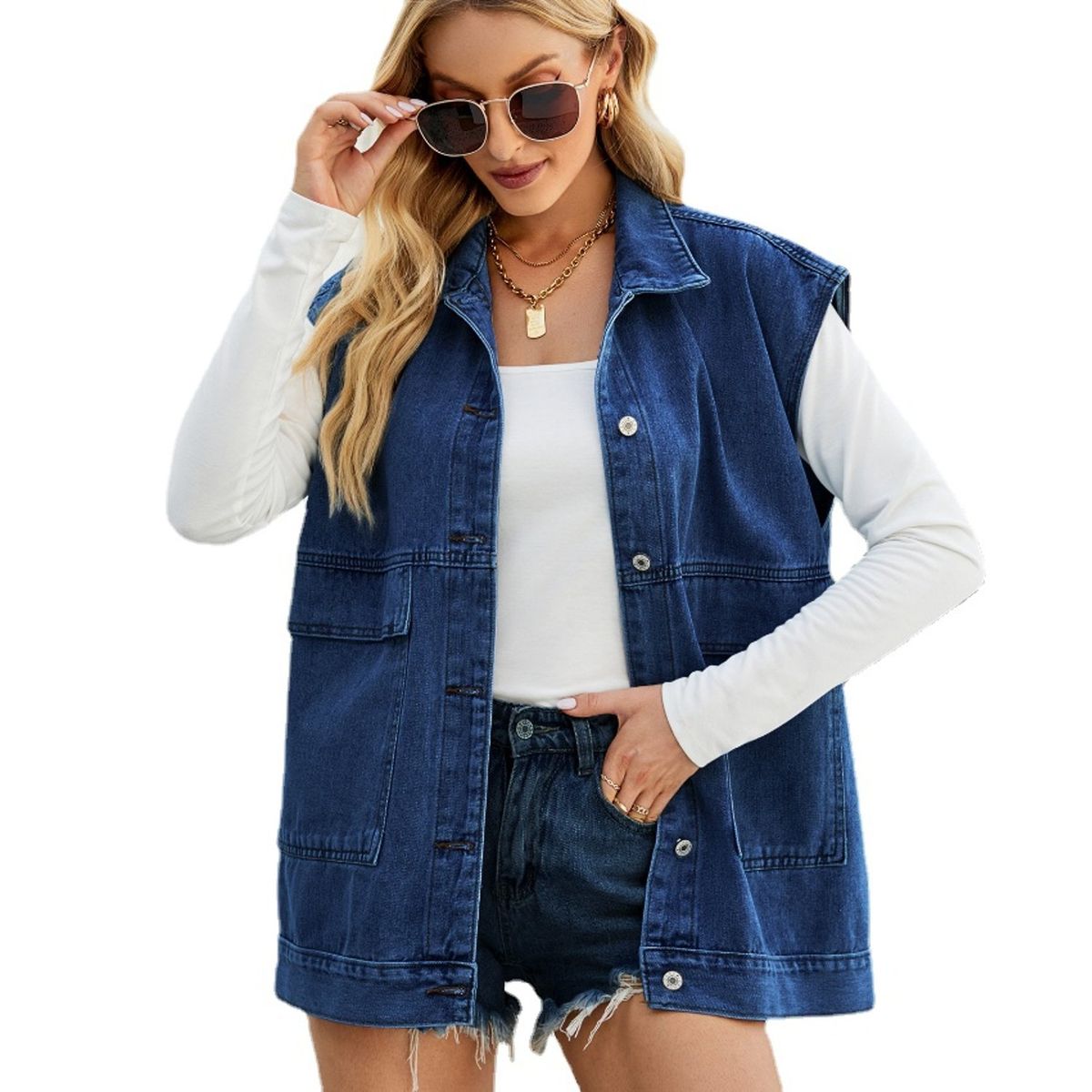 TIOZONEY - Chaqueta Jeans sin mangas Mujer - Azul Oscuro