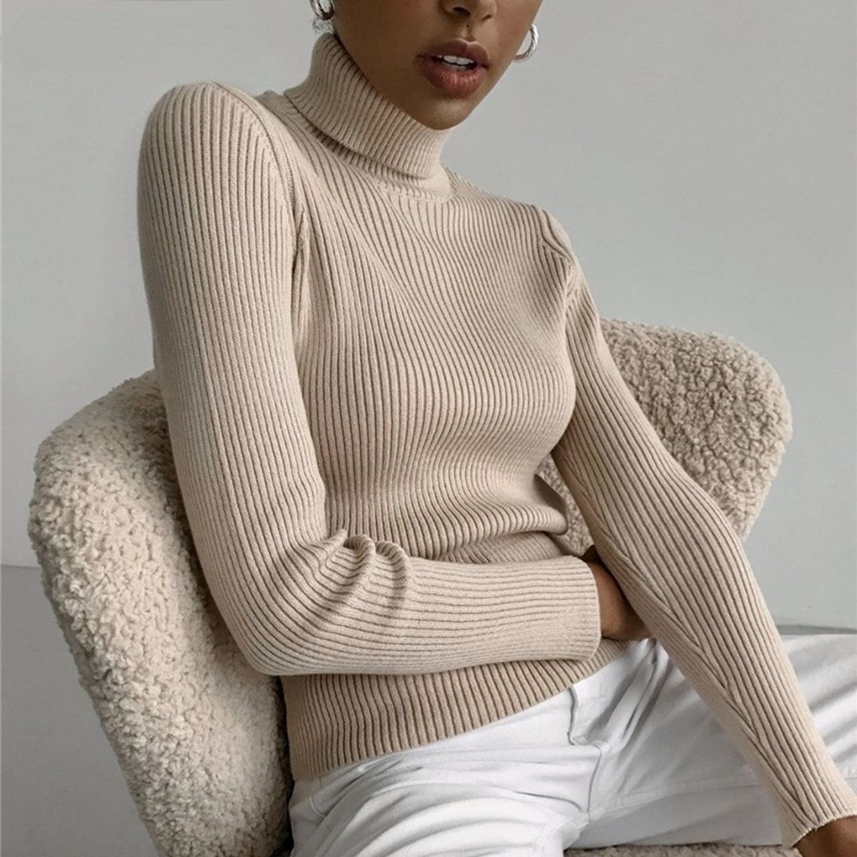 TIOZONEY - Sweater De Cuello Alto Mujer - Beige