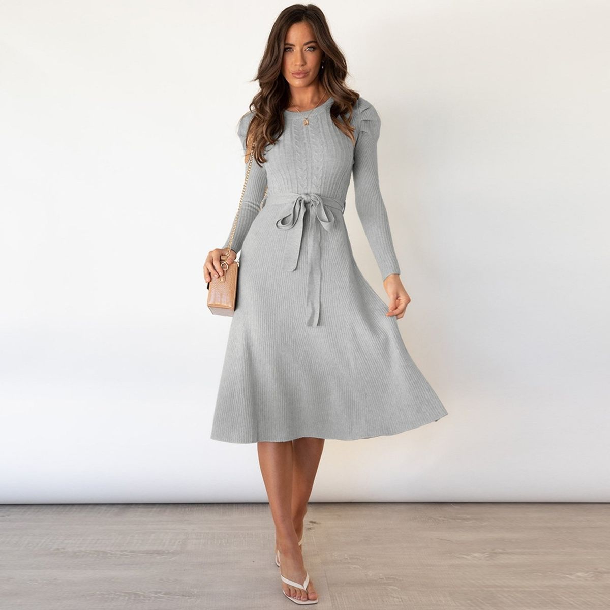 TIOZONEY - Vestido Largo manga larga Mujer- Gris