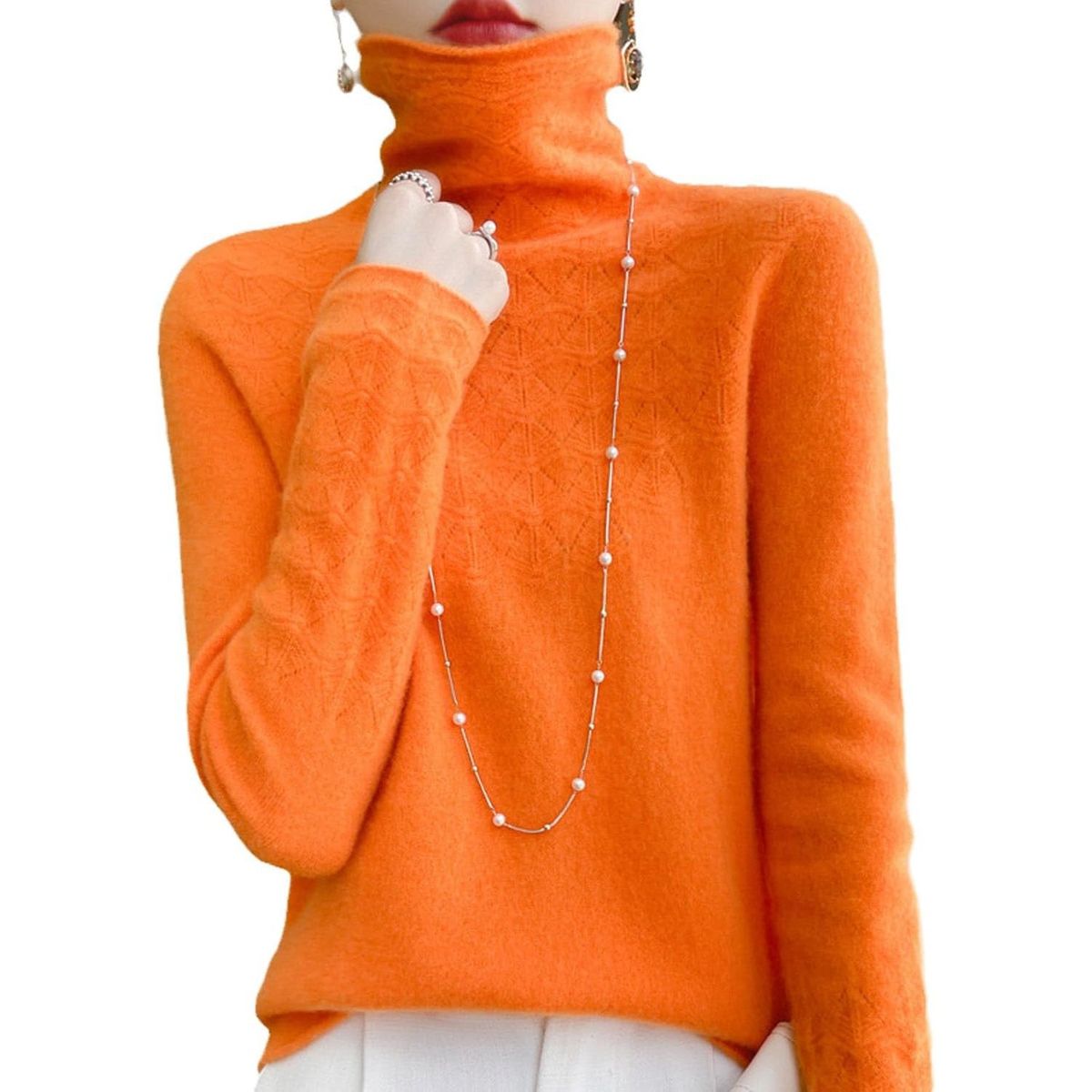 TIOZONEY - Suéter de cuello alto de Cachemira -Naranja