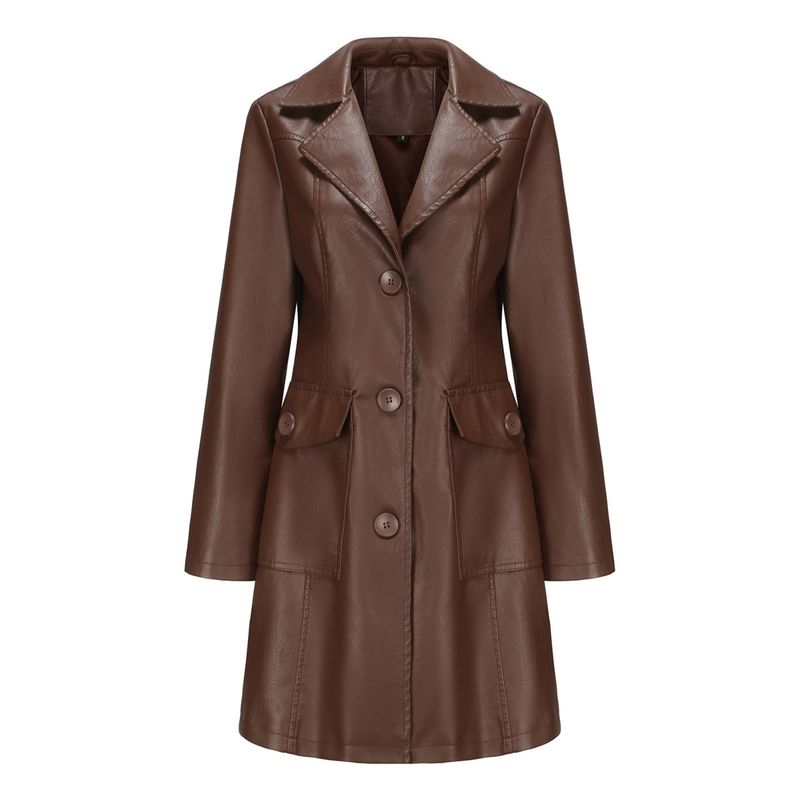TIOZONEY - Abrigo de PU largo para mujer - Café Oscuro
