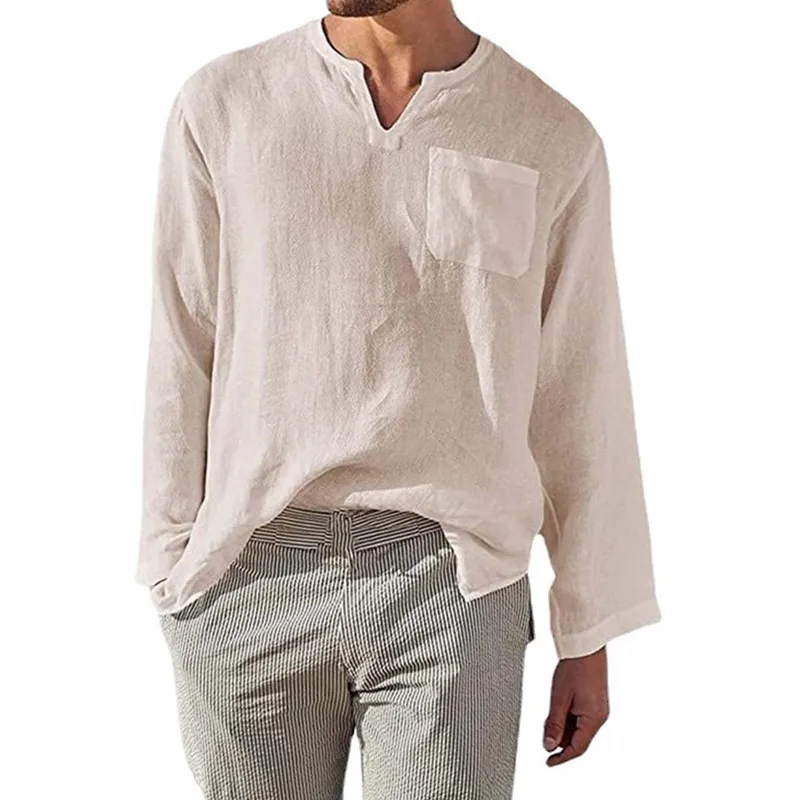 BAALATHKKO5 - Camisa Cuello Mao Lino Hombre Casual Manga Larga Slim Fit