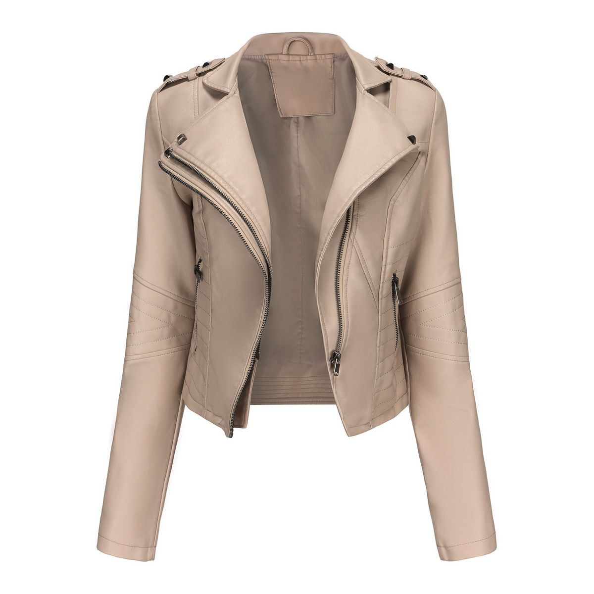 TIOZONEY - Chaqueta de PU de manga larga con tachas para mujer -Beige