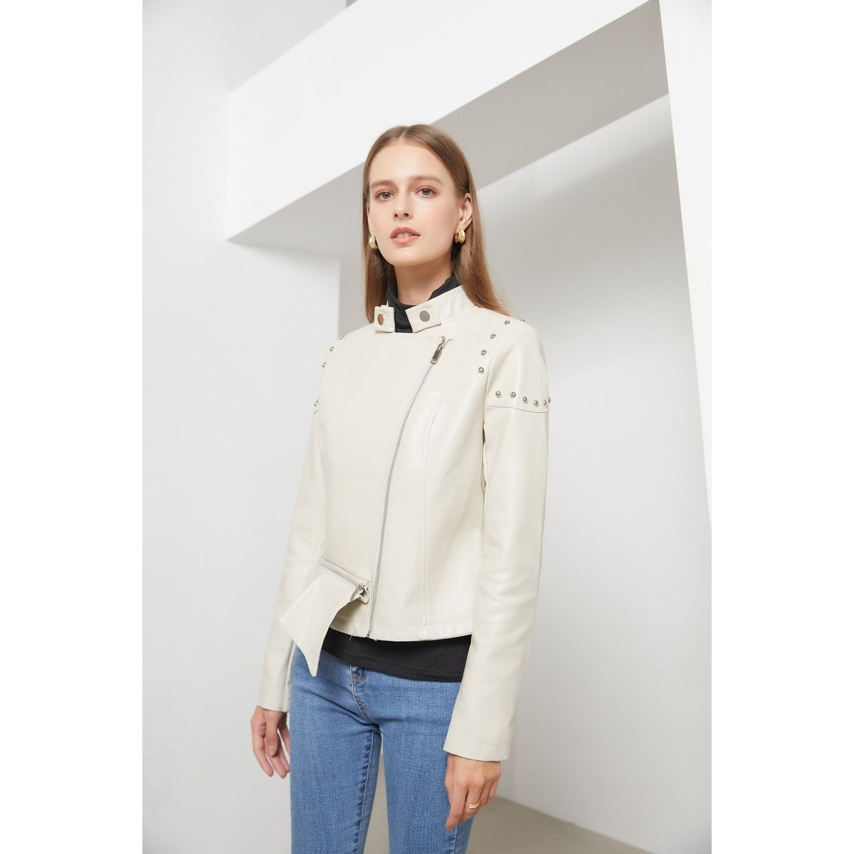 TIOZONEY - Chaqueta de PU para mujer - Beige