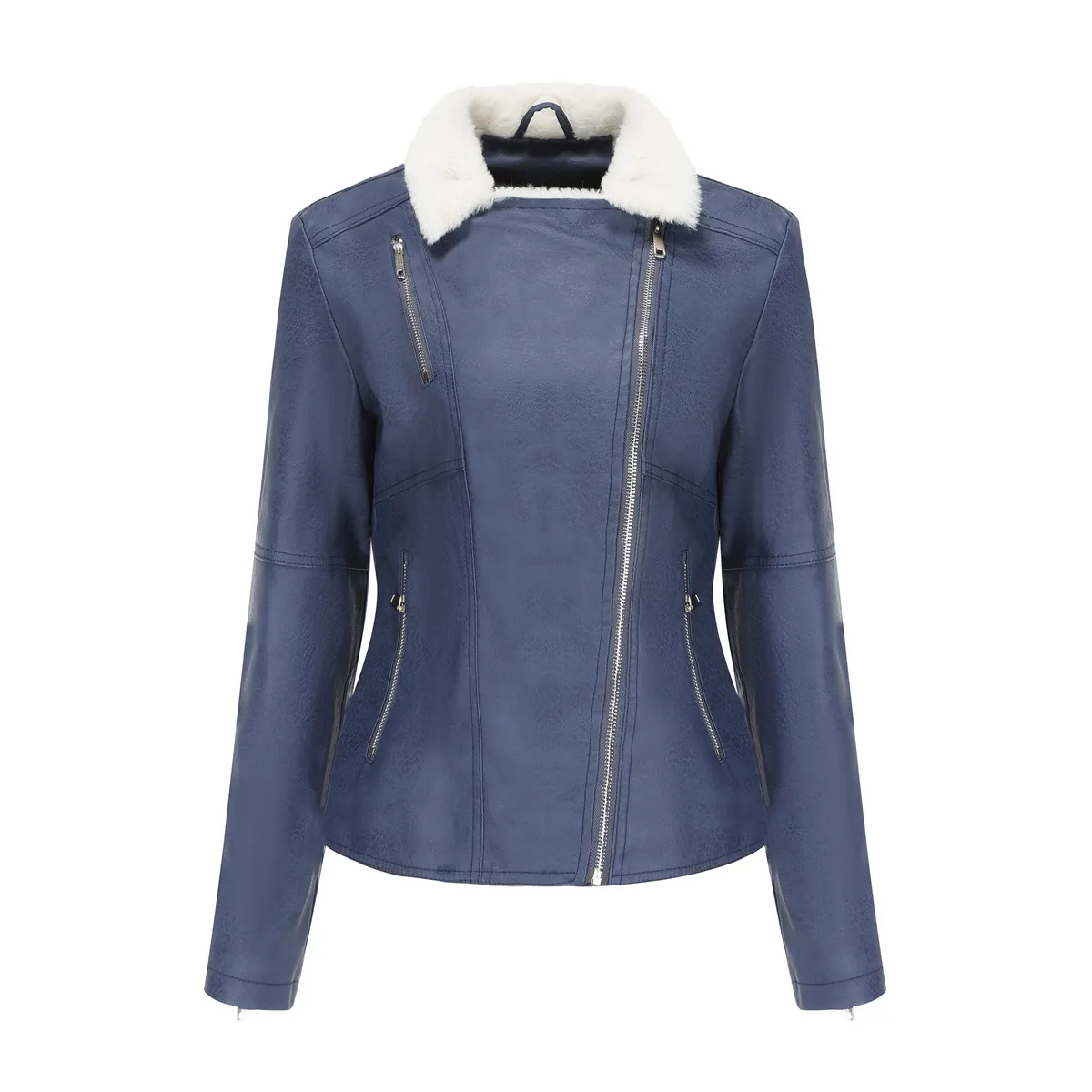 TIOZONEY - Chaqueta de PU con cuello cálido para mujer - Azul
