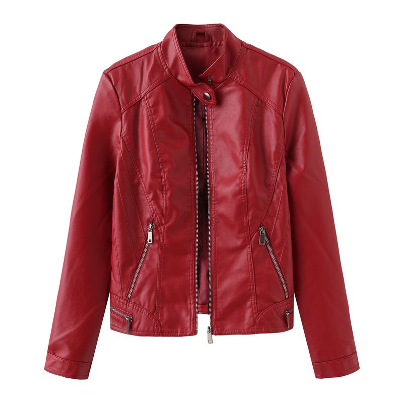 TIOZONEY - Chaqueta de cuero PU con cuello para mujer - Rojo
