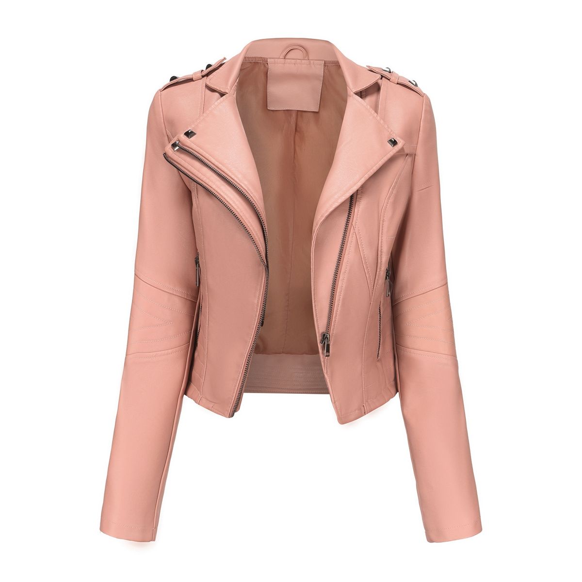 TIOZONEY - Chaqueta de PU de manga larga con tachas para mujer -Rosado