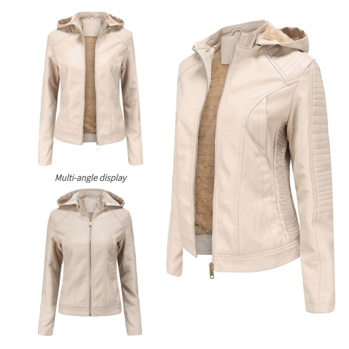 TIOZONEY - Chaqueta de PU para mujer PU cálida para mujer - Crema