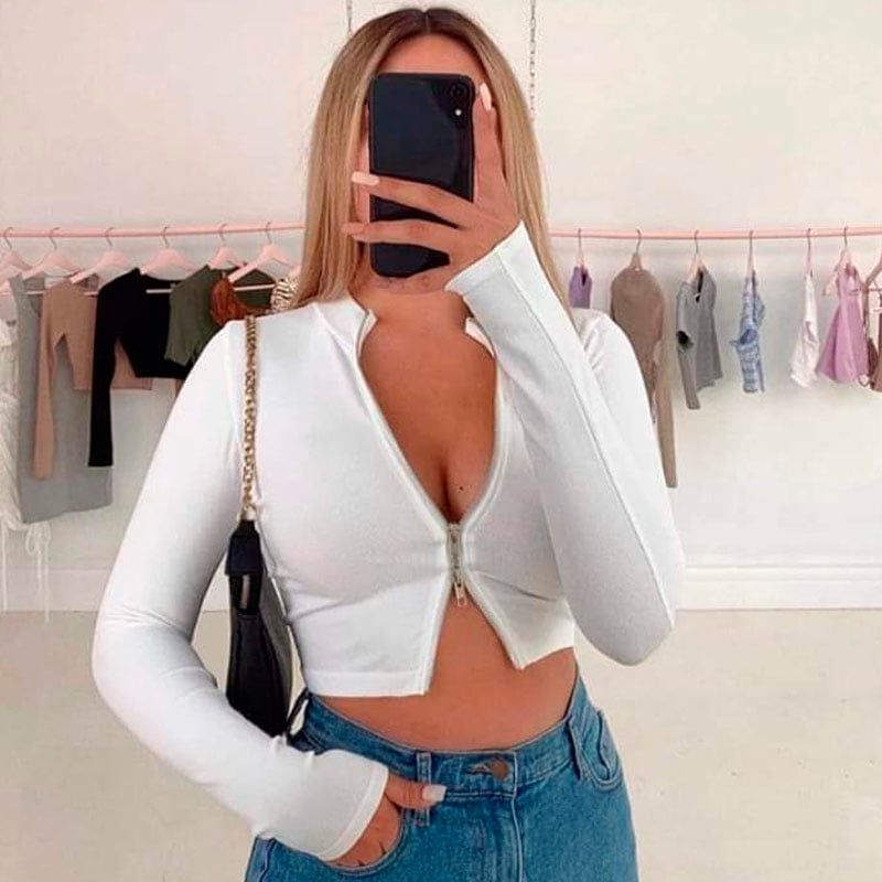 GENERICO - Basico Mujer Top Rip Jane Hood Manga Larga Blanco