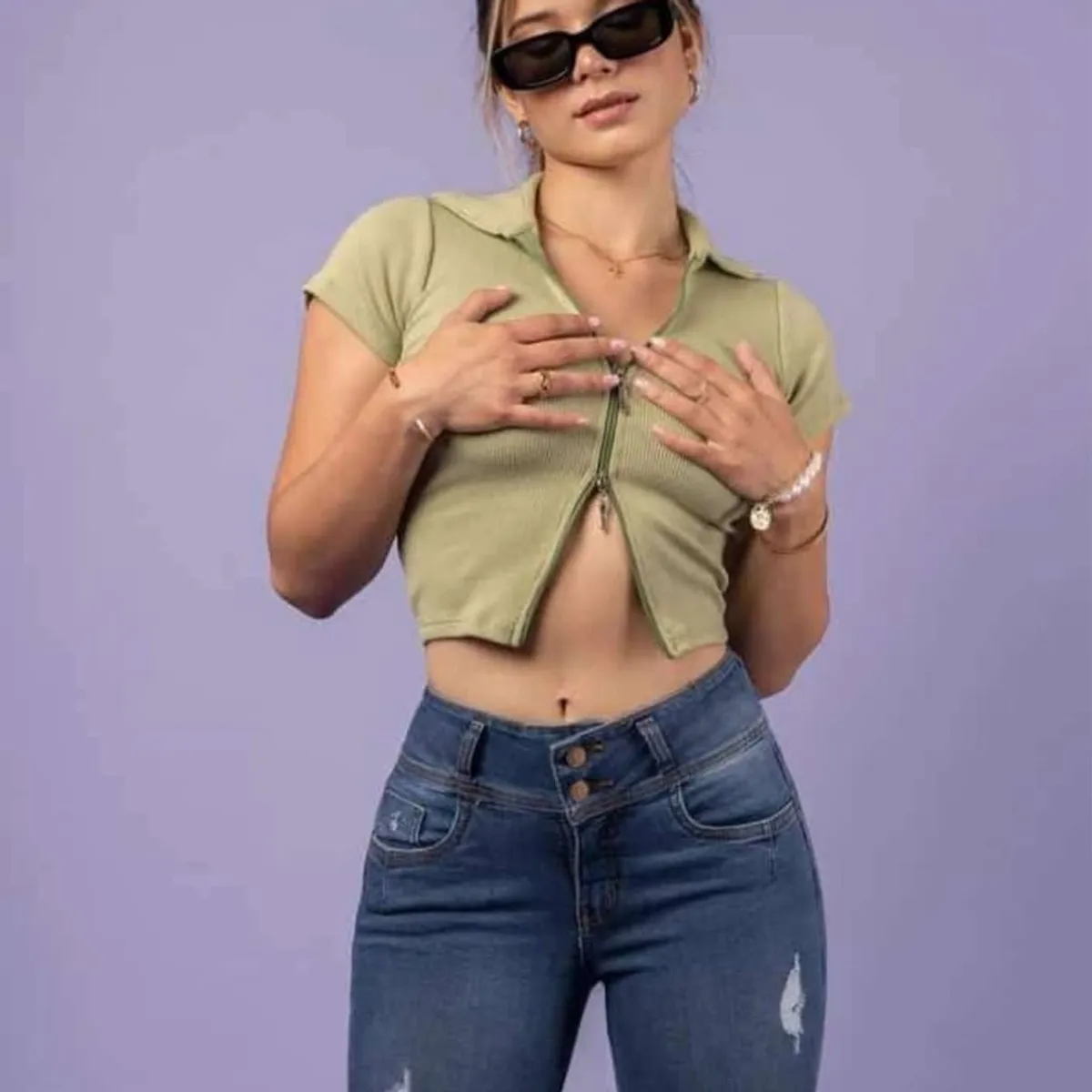 GENERICO - Basico Mujer Top Rip Jane Hood Verde