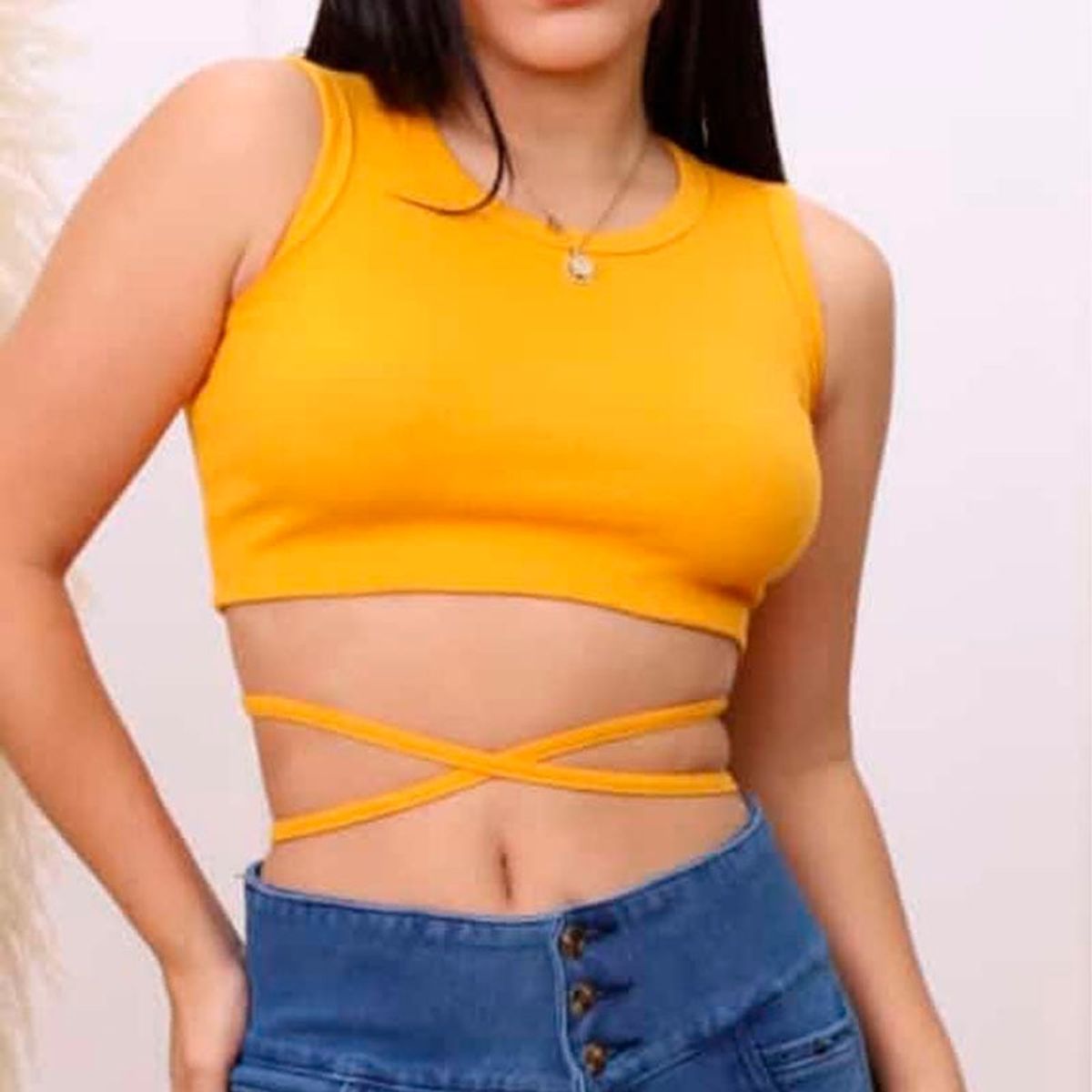 GENERICO - Basico Mujer Top Rip Blanca Ordeñes Amarillo