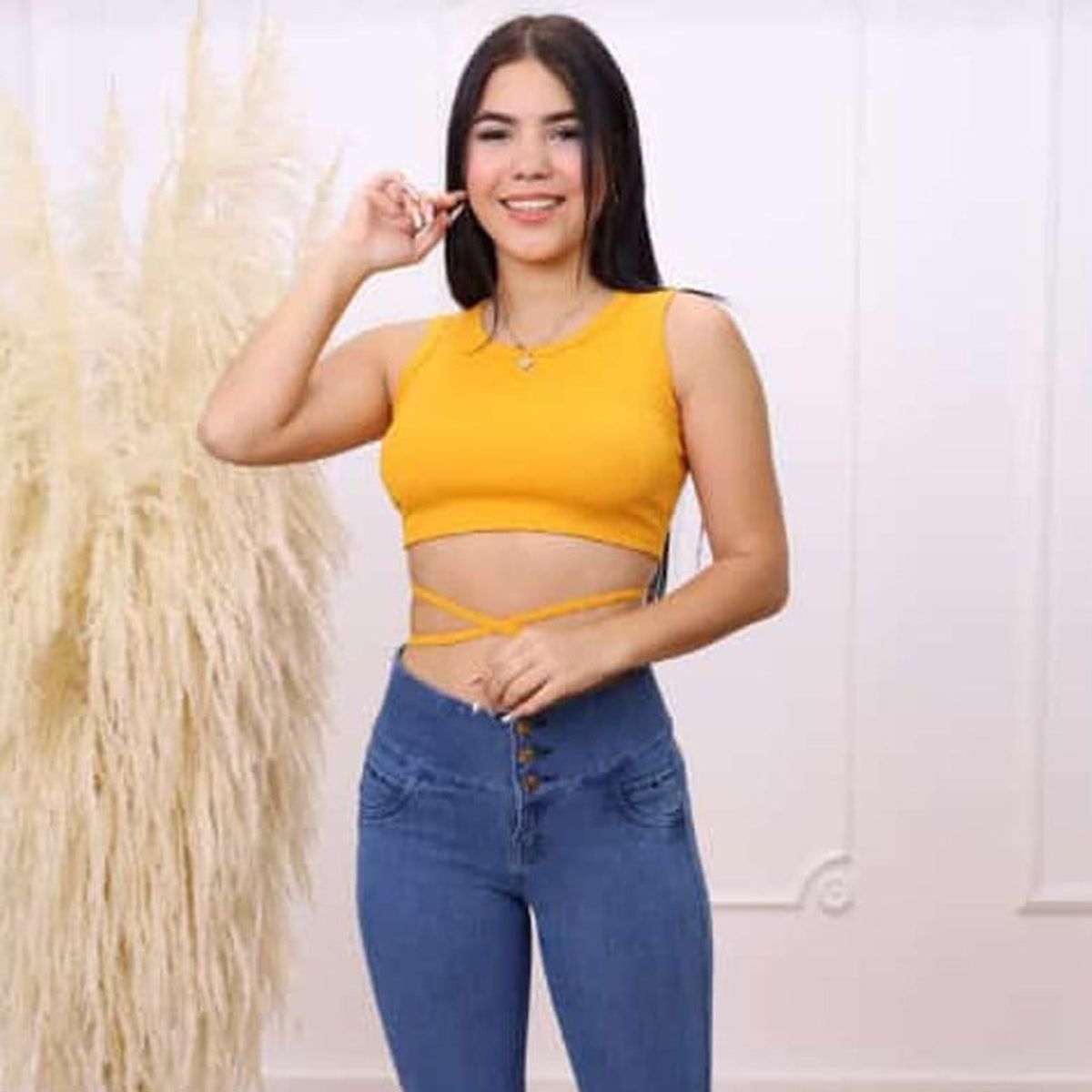 GENERICO - Basico Mujer Top Rip Blanca Ordeñes Amarillo