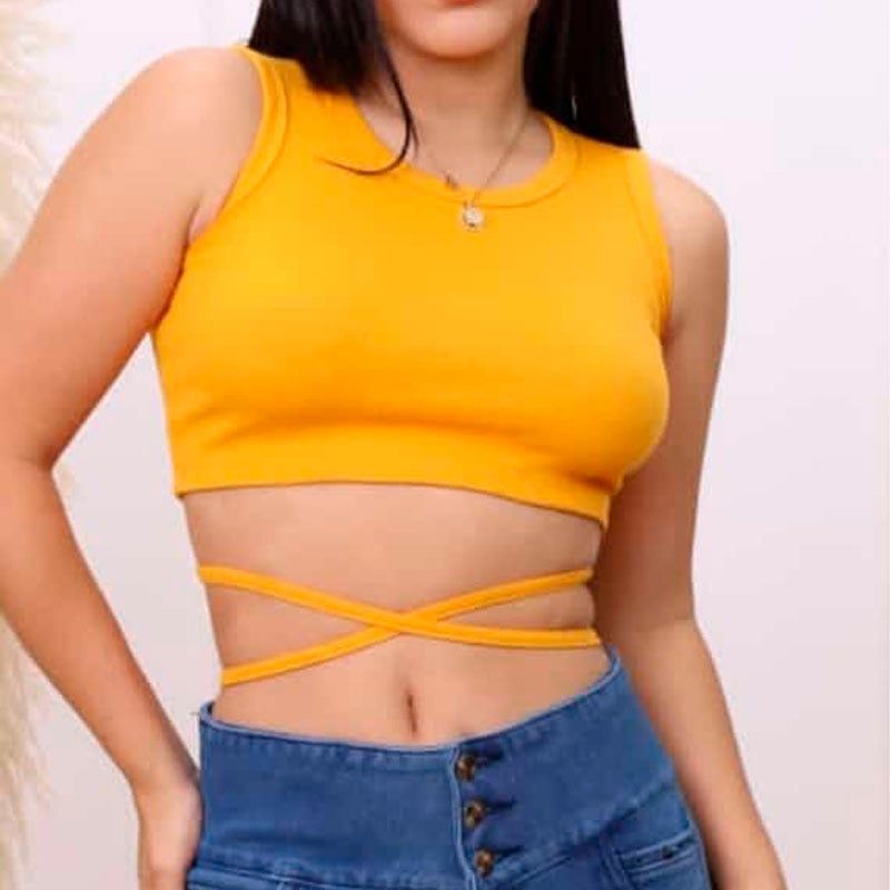 GENERICO - Basico Mujer Top Rip Blanca Ordeñes Amarillo