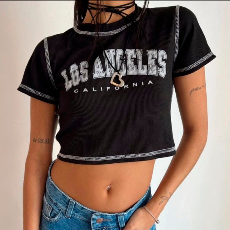 GENERICO - Basico Mujer Top Rip Angeles California Negro