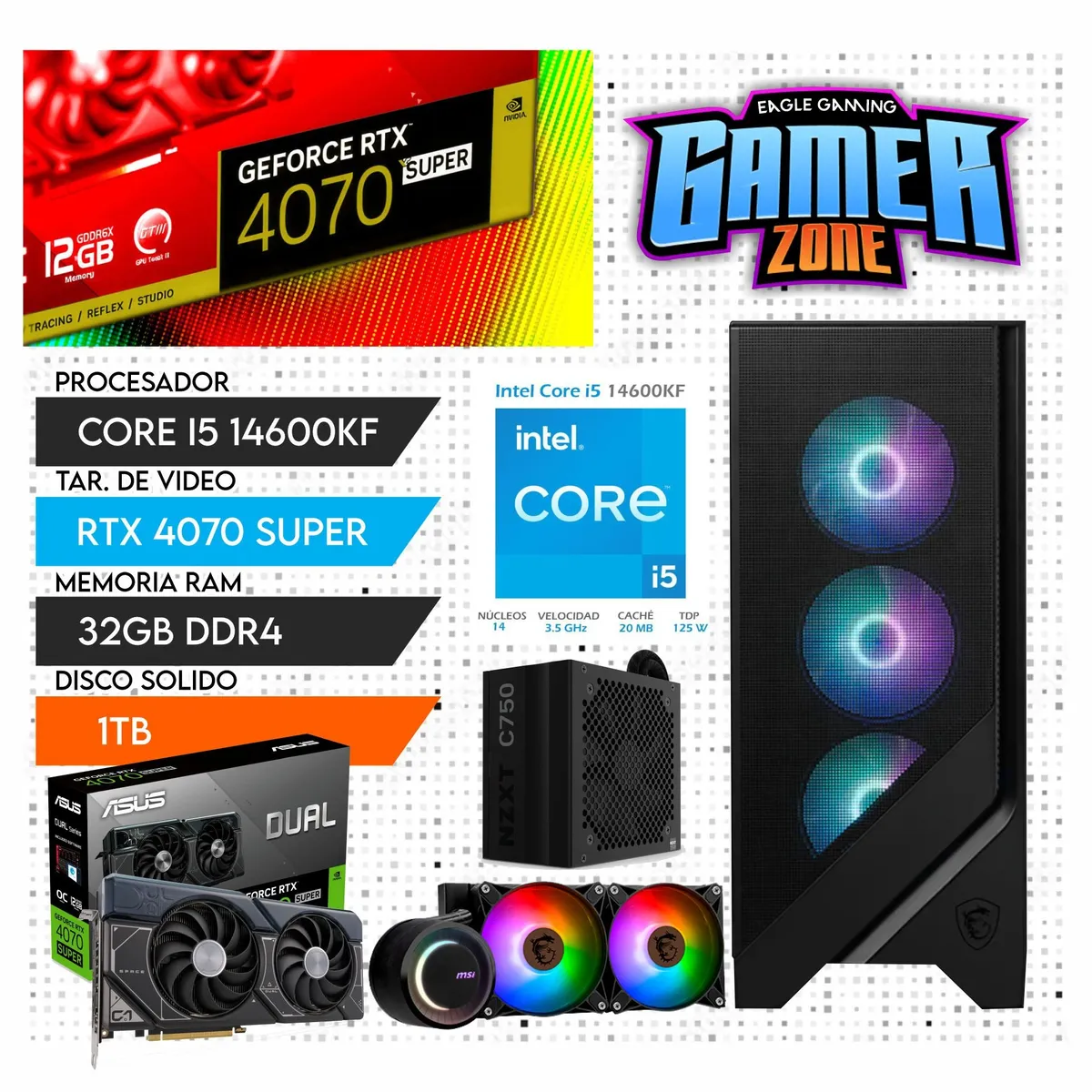 NVIDIA - PC GAMER CINTEL CORE I5 14600KF , RTX 4070 SUPER 12GB , SSD 1TB , RAM 32GB