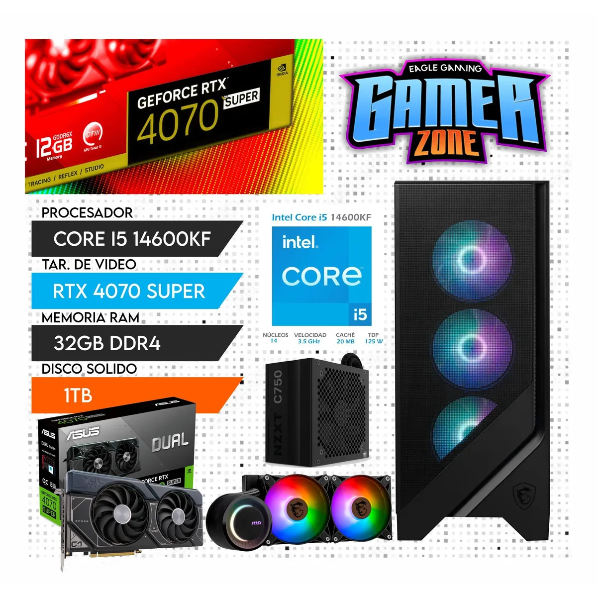 NVIDIA - PC GAMER CINTEL CORE I5 14600KF , RTX 4070 SUPER 12GB , SSD 1TB , RAM 32GB