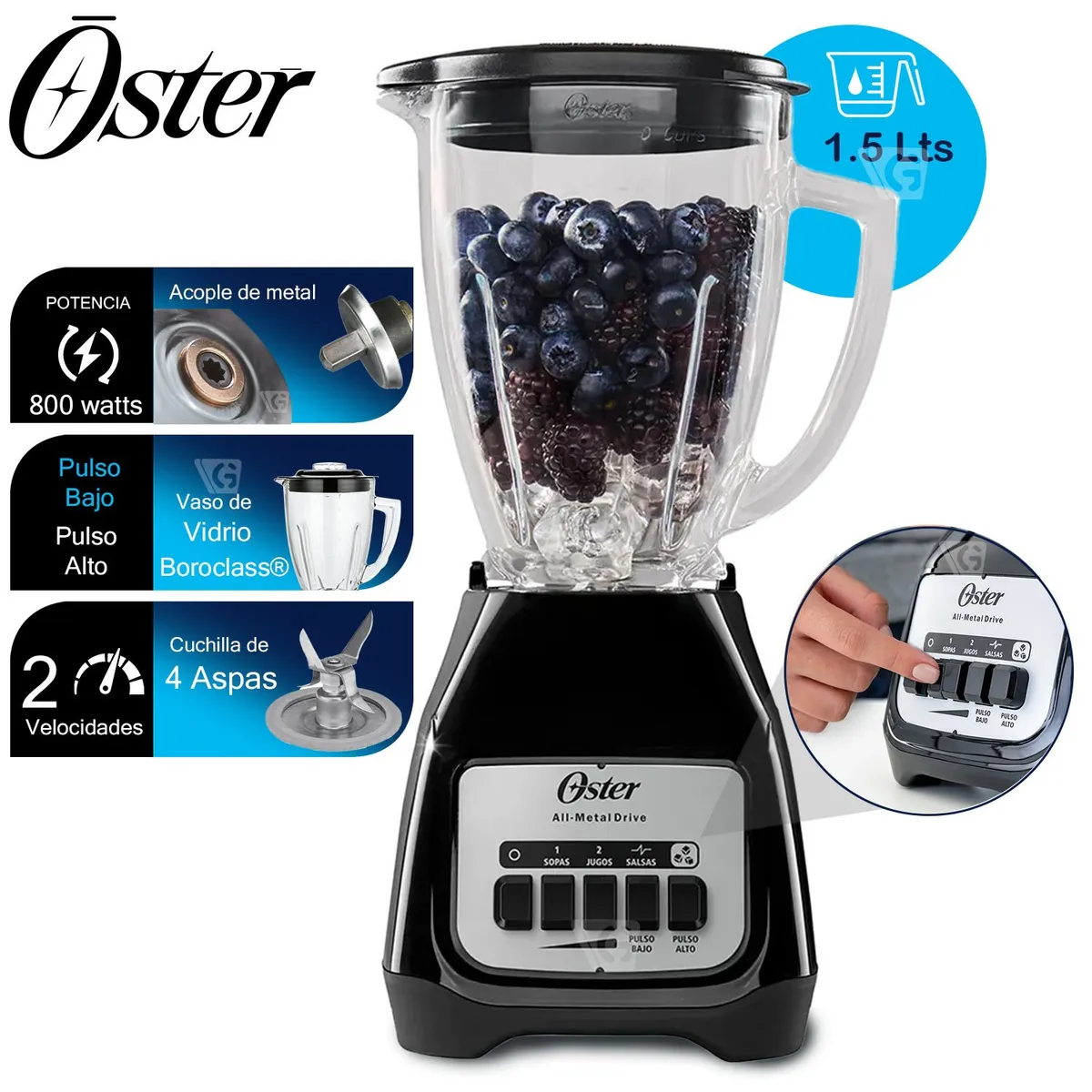 OSTER - Licuadora Oster 2 Vel más pulso vaso de vidrio BLSTKAGBPB