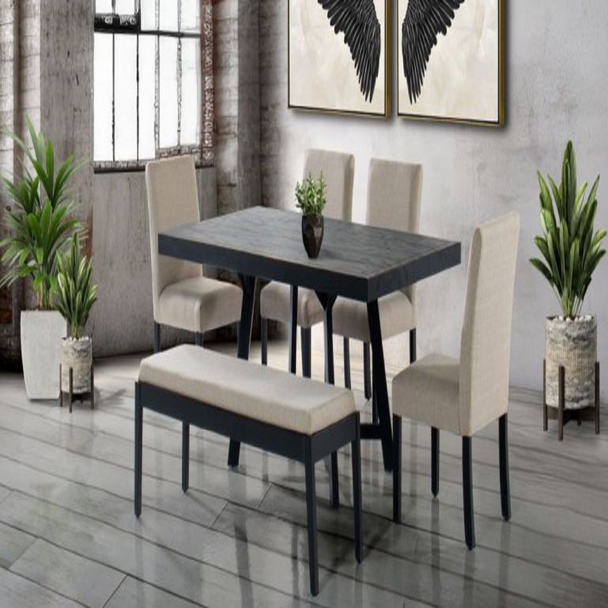 DMUEBLES - Comedor Dmuebles 4 sillas + banca Granada - Negro/Beige