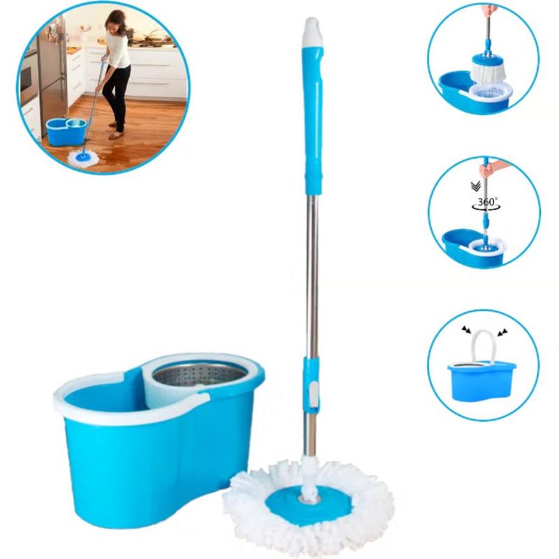 OEM - Trapeador Escurridor Giratorio Automático Con 2Mopas Celeste