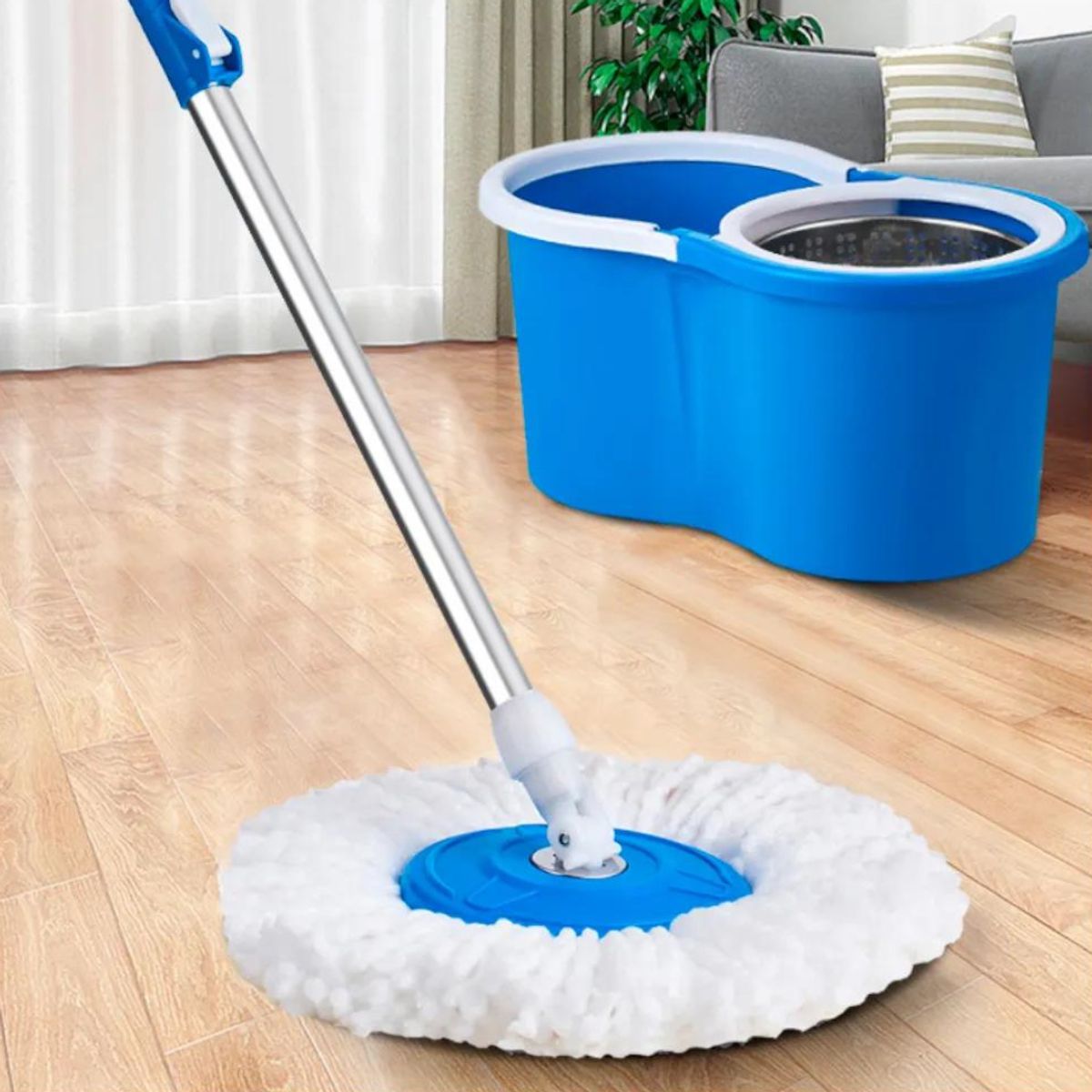 OEM - Trapeador Escurridor Giratorio Automático Con 2Mopas Celeste