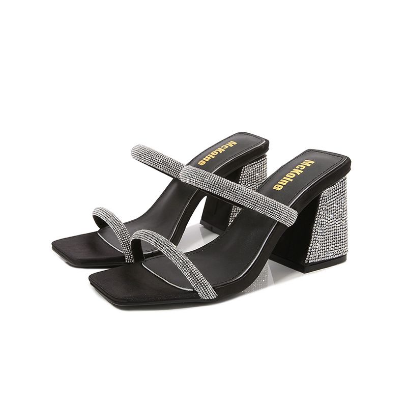 Sandalias con tacón Mujer Negras y Plateadas con cristales