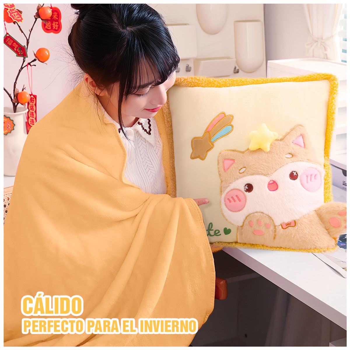 KELLER - Almohada con Manta Kawaii 2 en 1 Diseño Gato P63