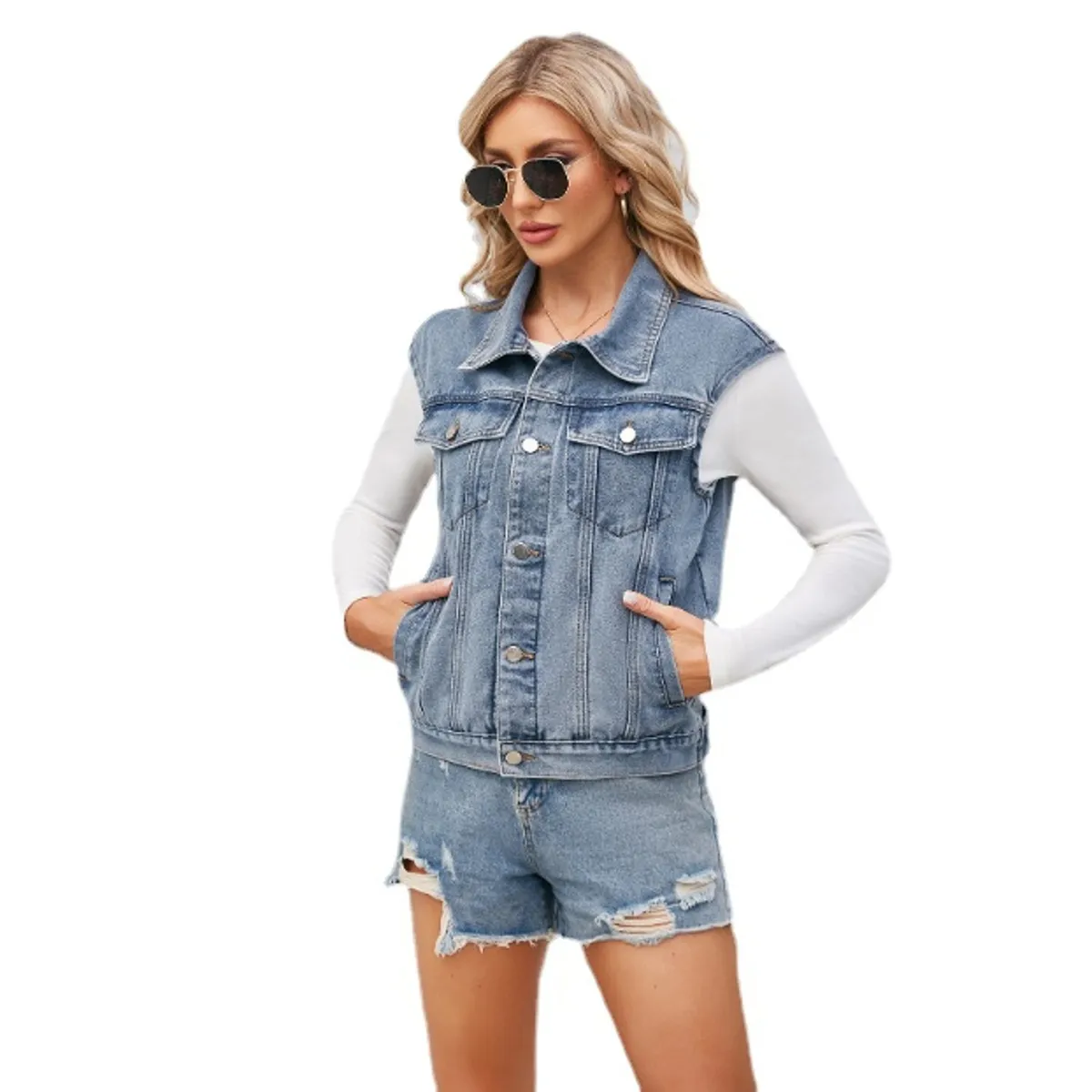 TIOZONEY - Chaqueta mezclilla sin mangas Mujer