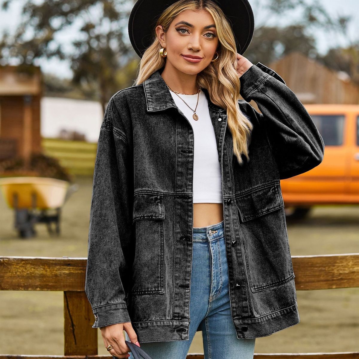 TIOZONEY - Chaqueta mezclilla con gorro Mujer - Negro