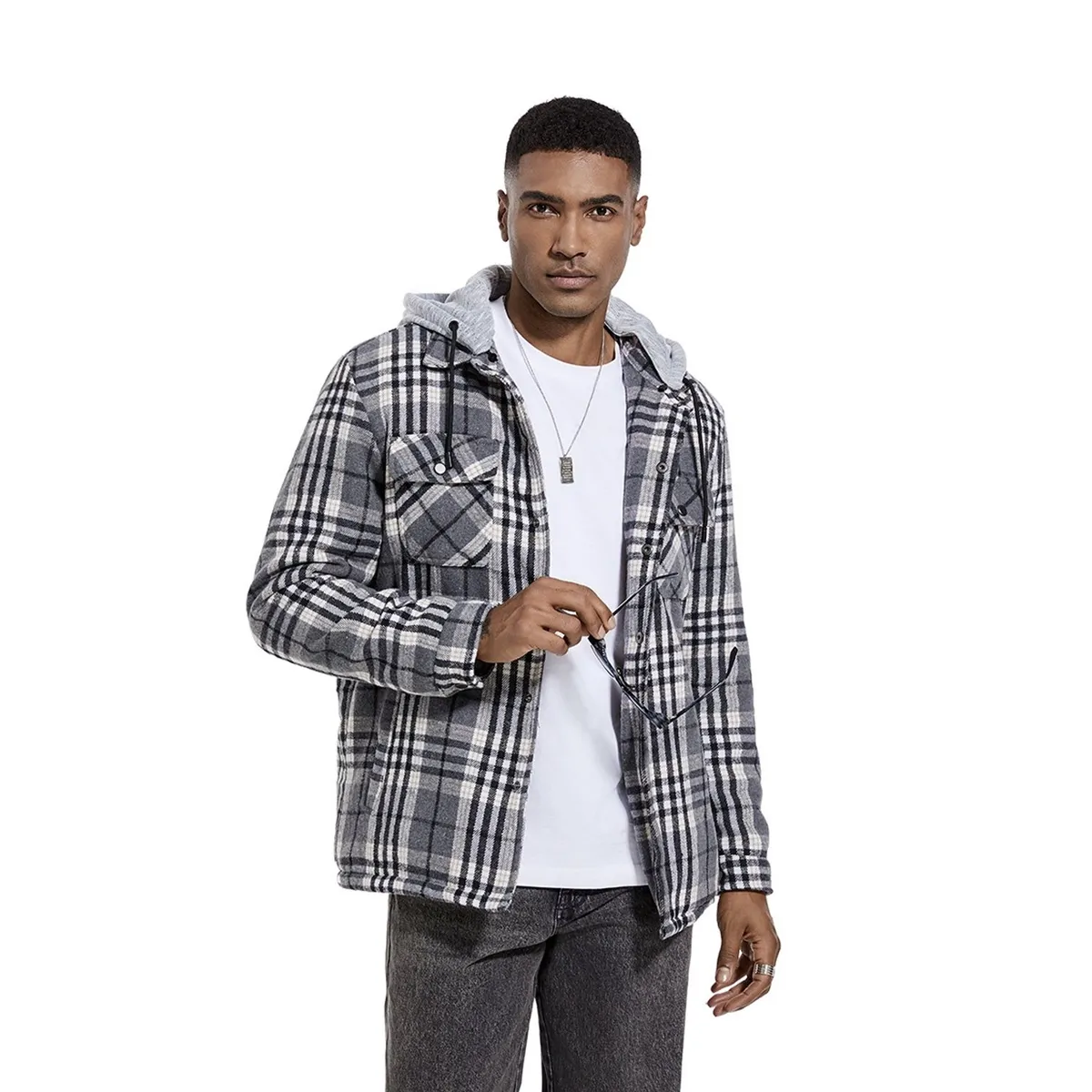 TIOZONEY - Chaqueta a cuadros con gorro para hombre - Gris