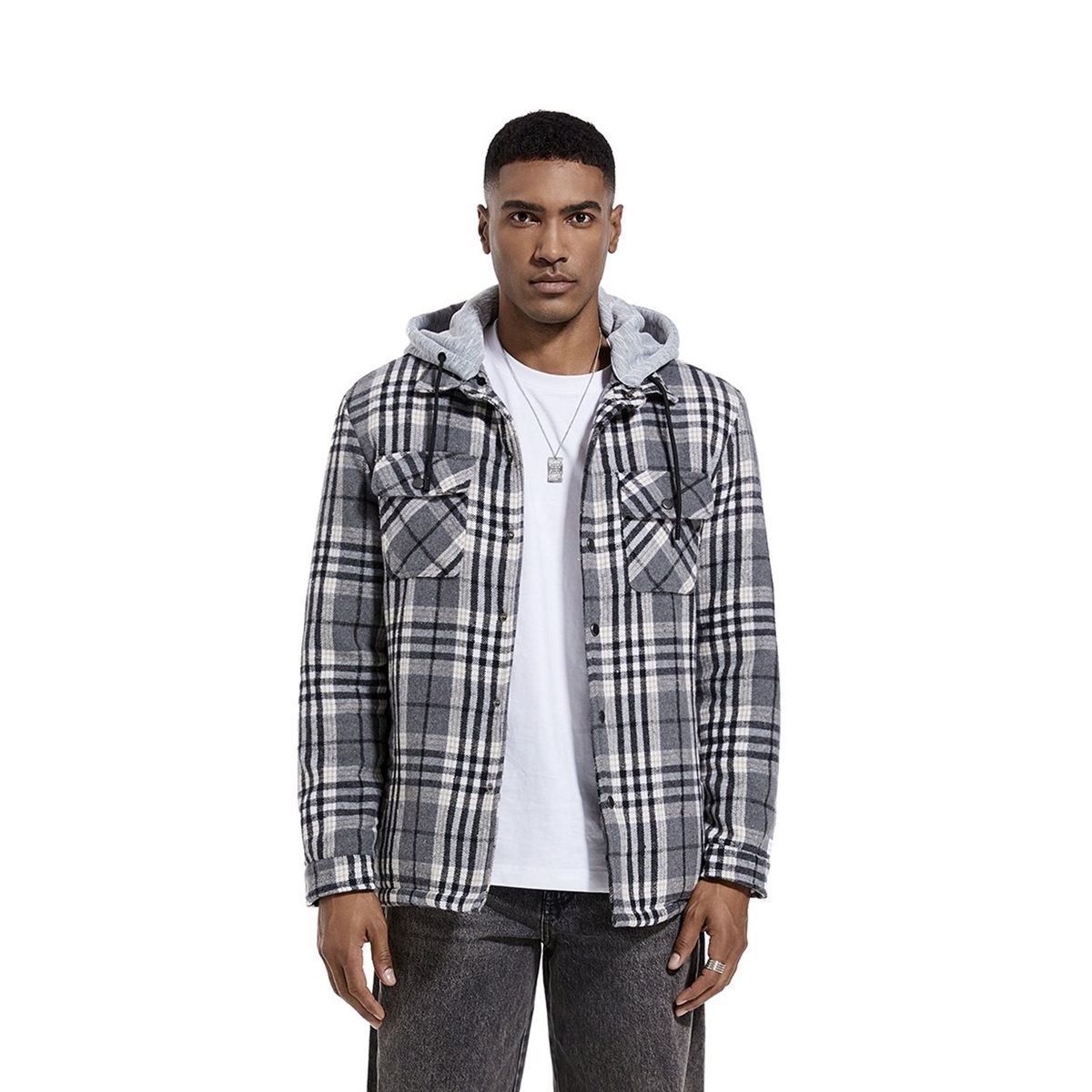 TIOZONEY - Chaqueta a cuadros con gorro para hombre - Gris