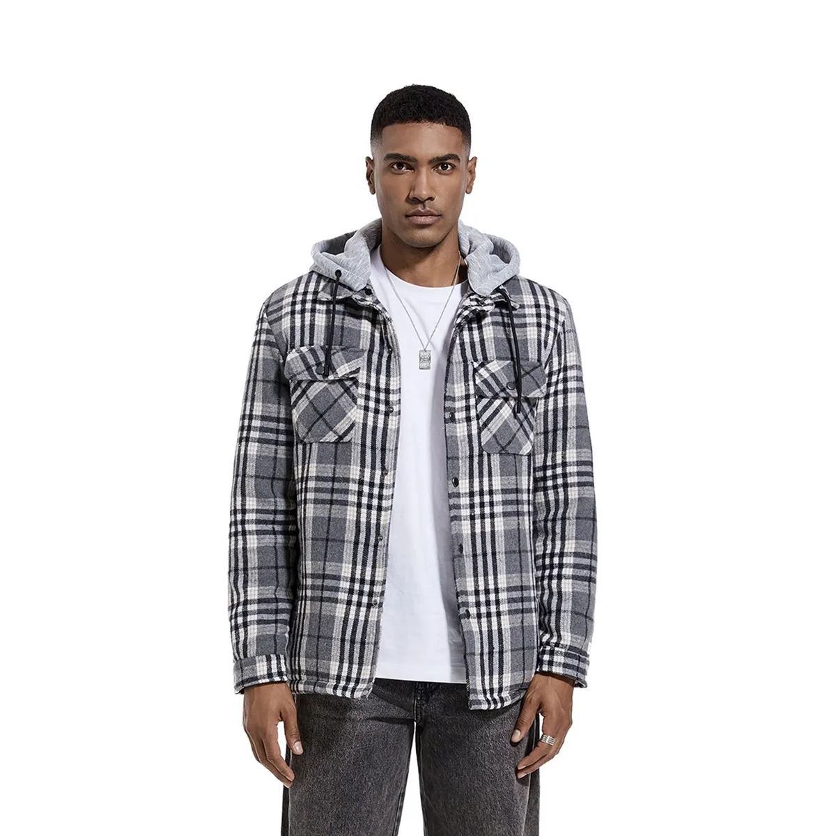 TIOZONEY - Chaqueta a cuadros con gorro para hombre - Gris