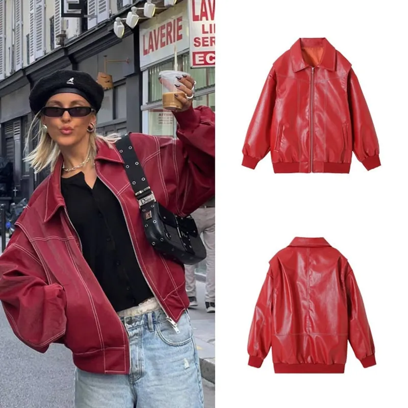TIOZONEY - Chaqueta Cuero PU Mujer - Rojo