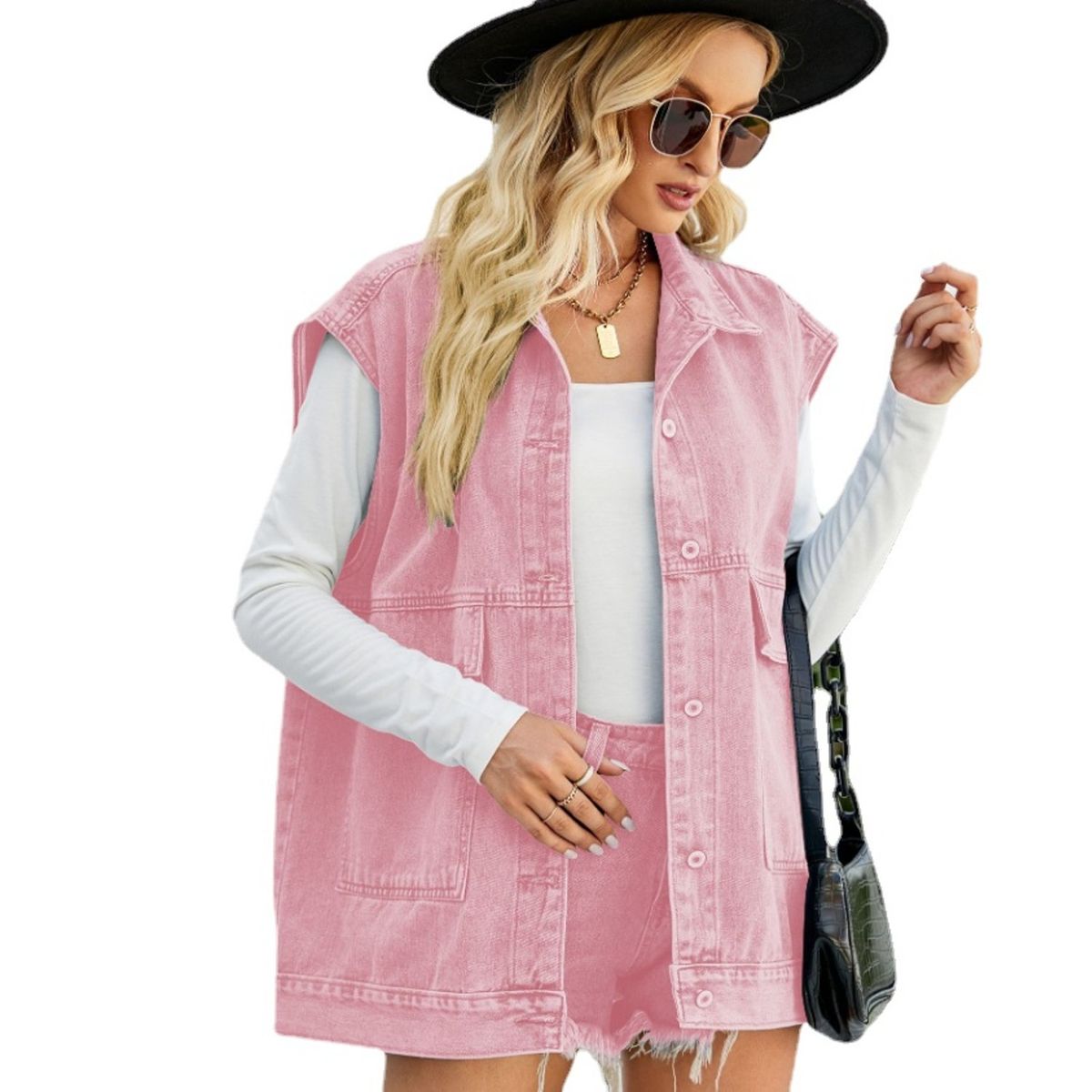 TIOZONEY - Chaqueta Jeans sin mangas Mujer - Rosado