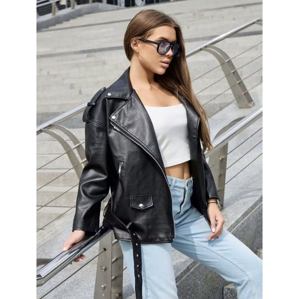 TIOZONEY - Chaqueta PU Mujer-Negro