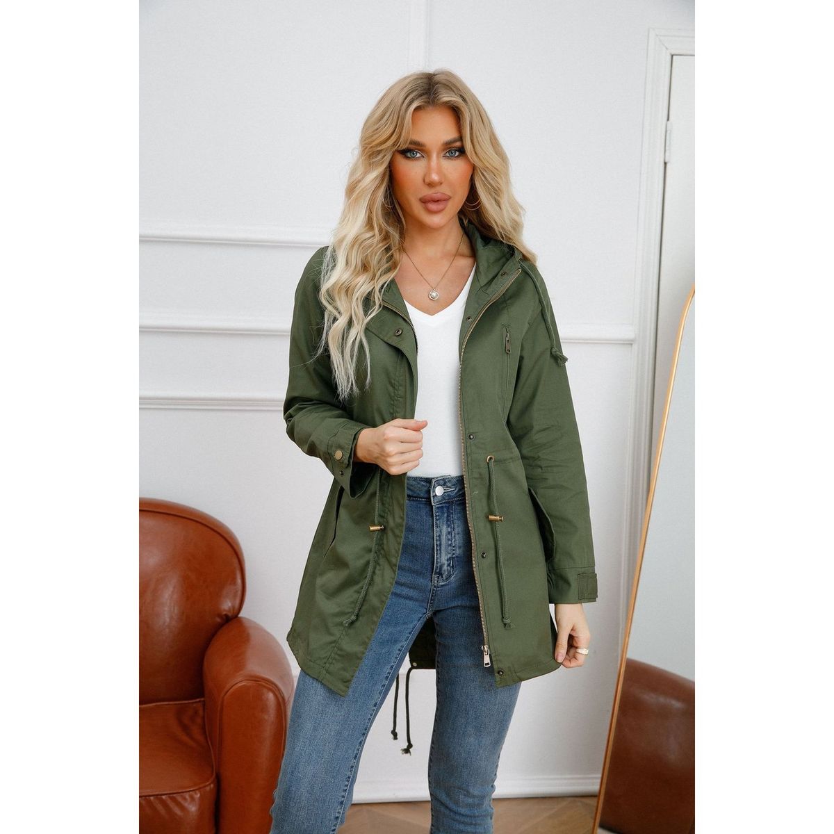 TIOZONEY - Cortavientos largo con gorro para mujer - Verde