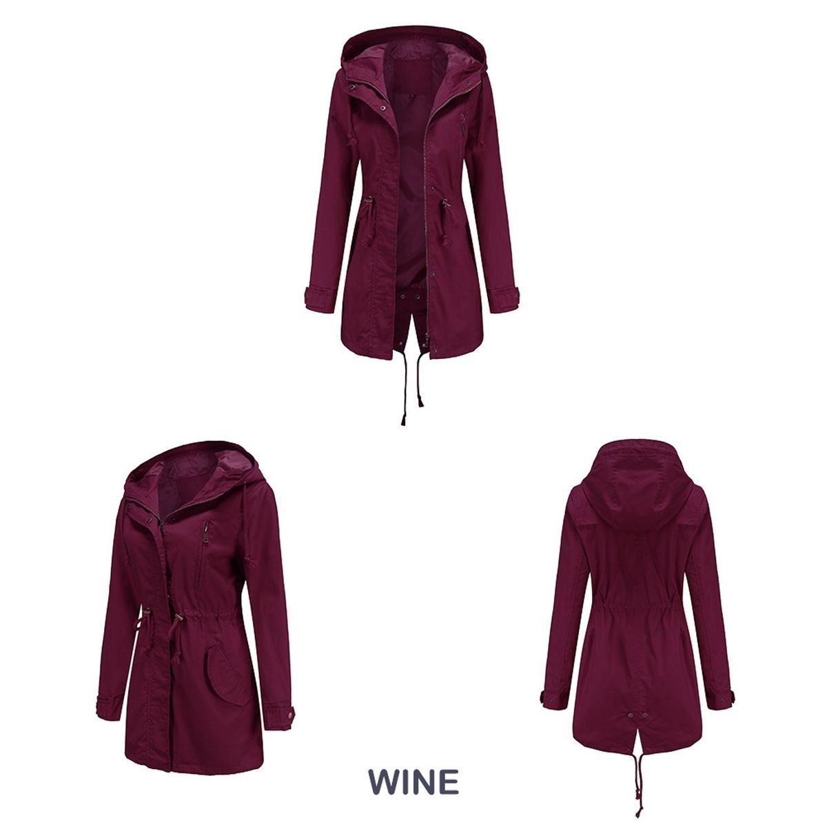 TIOZONEY - Cortavientos largo con gorro para mujer - Burdeo
