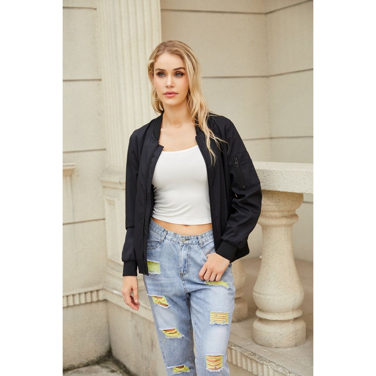 TIOZONEY - Chaqueta de manga larga con cierre para mujer - Negro